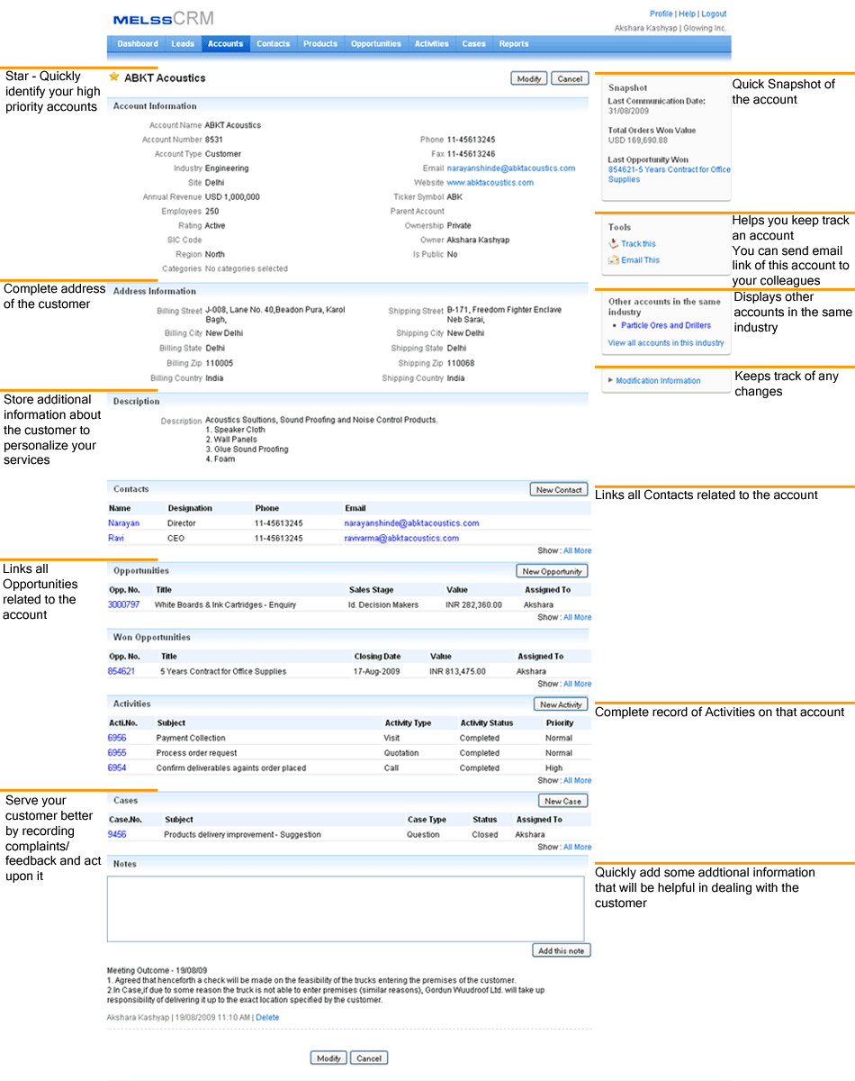 CRM screenshot, Accounts – melssCRM